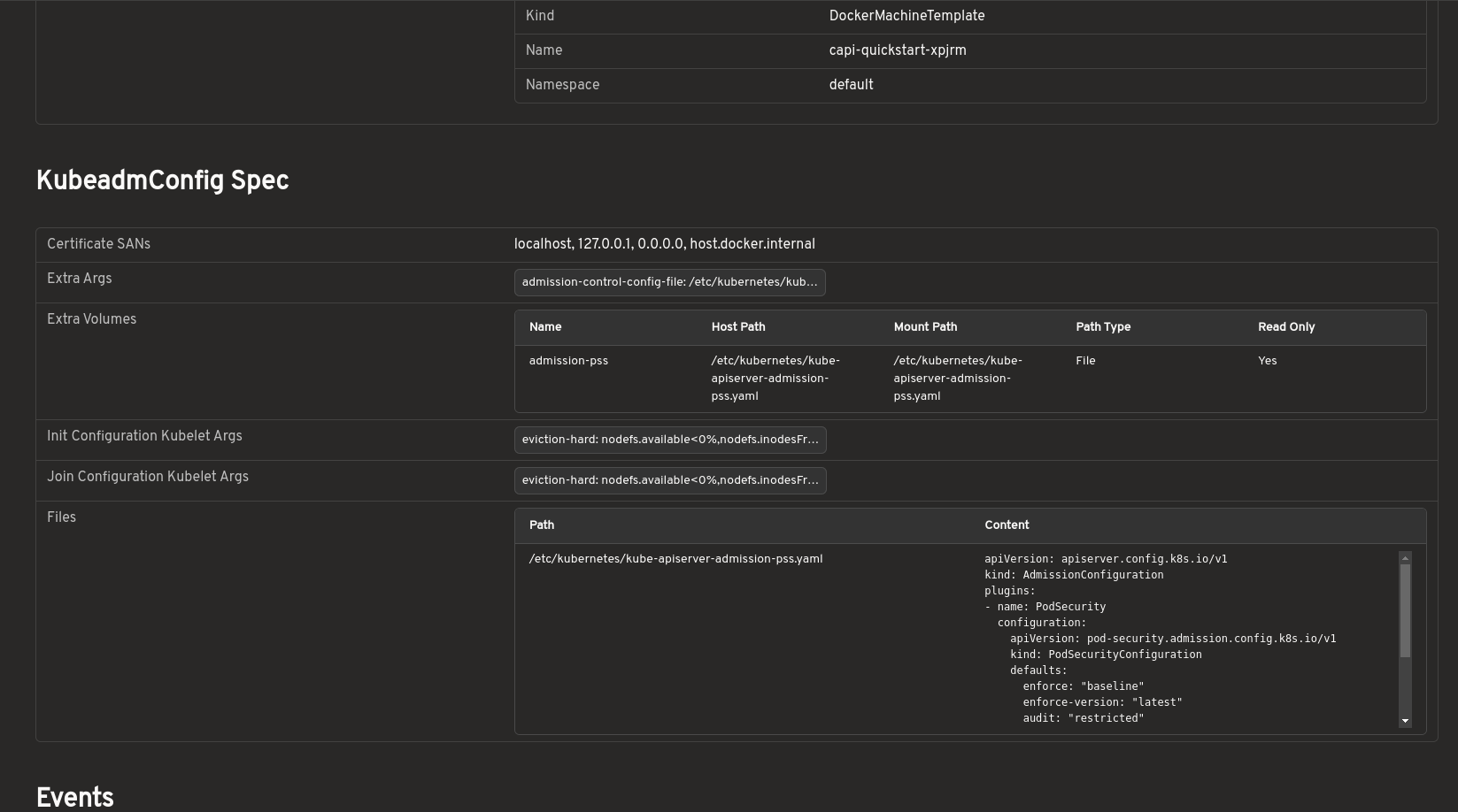 KubeadmConfig detail view showing bootstrap configuration in structured format